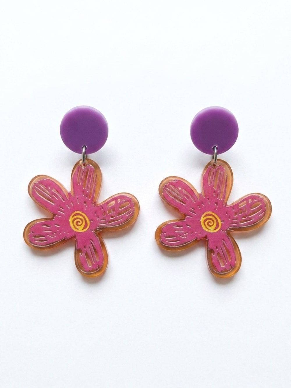 Purple & Pink Flower Drop Earrings - Handmade Women Jewelry